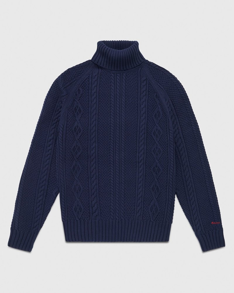 pull à col roulé en maille torsadée bleu marine ovo modèle du mois doctobre