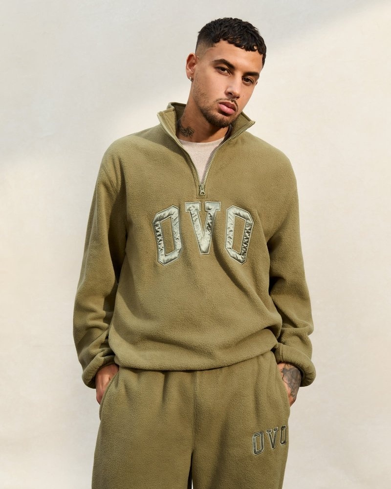 pulls octobers very own ovo arch logo sweat-shirt à col montant zippé vert olive