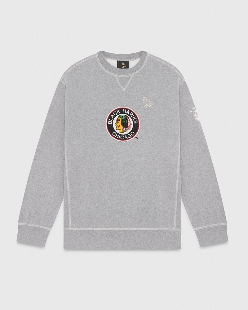 pulls à col rond ovo chicago blackhawks gris collection octobre