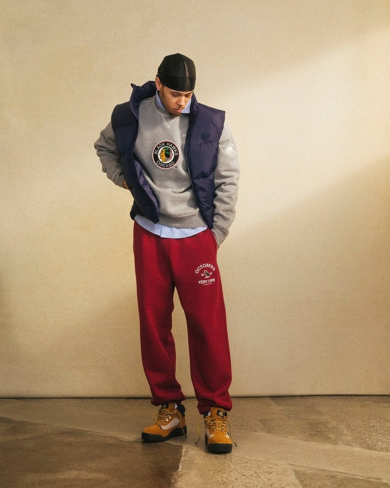 pulls à col rond ovo chicago blackhawks gris collection octobre