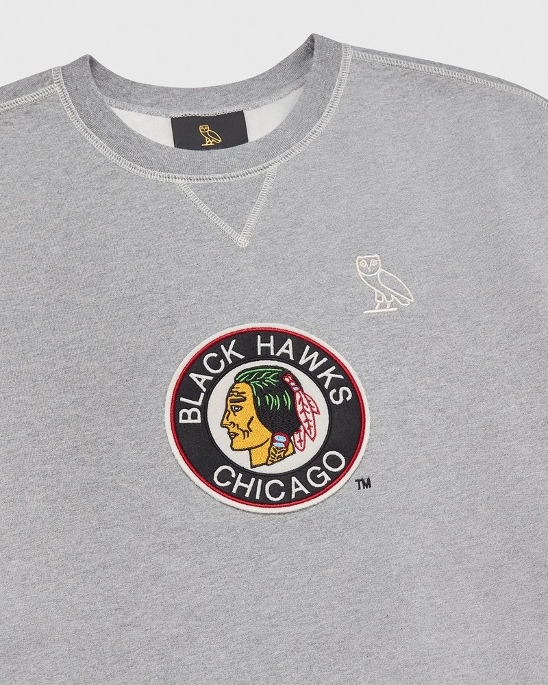 pulls à col rond ovo chicago blackhawks gris collection octobre